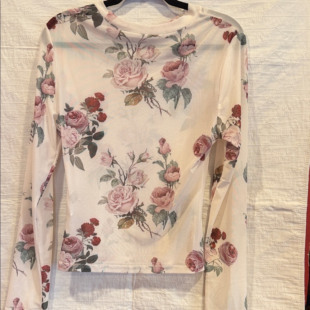 SHEIN Cream Sheer Long-Sleeve Top with Pink Rose Print